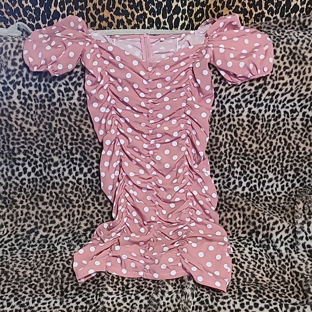 Pink Polka Dot Ruched Dress